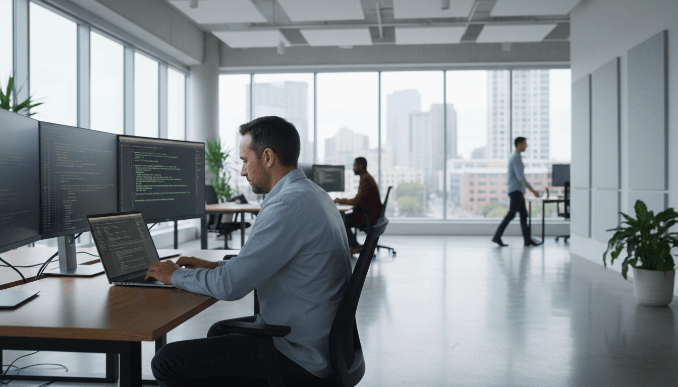 Developer working on custom business app code in a modern office