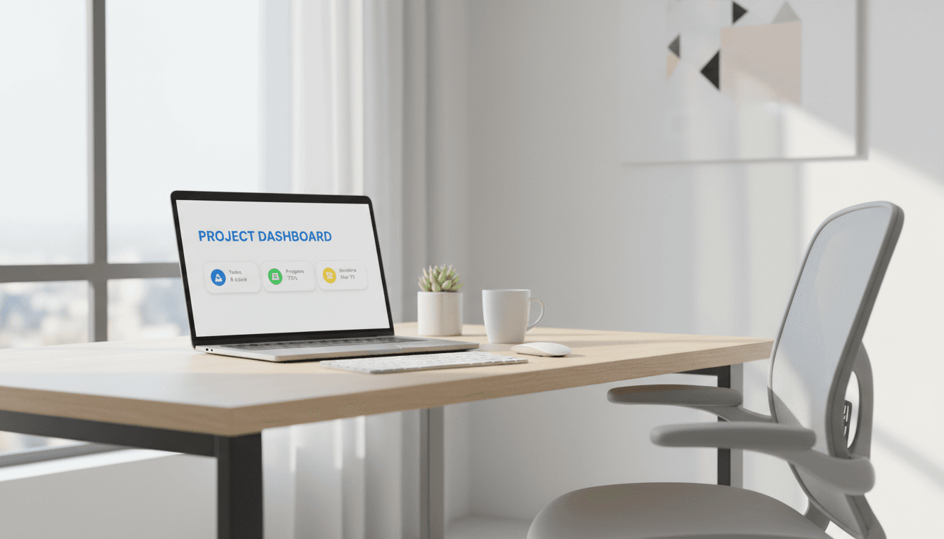 Modern office workspace with laptop showing a clean app interface