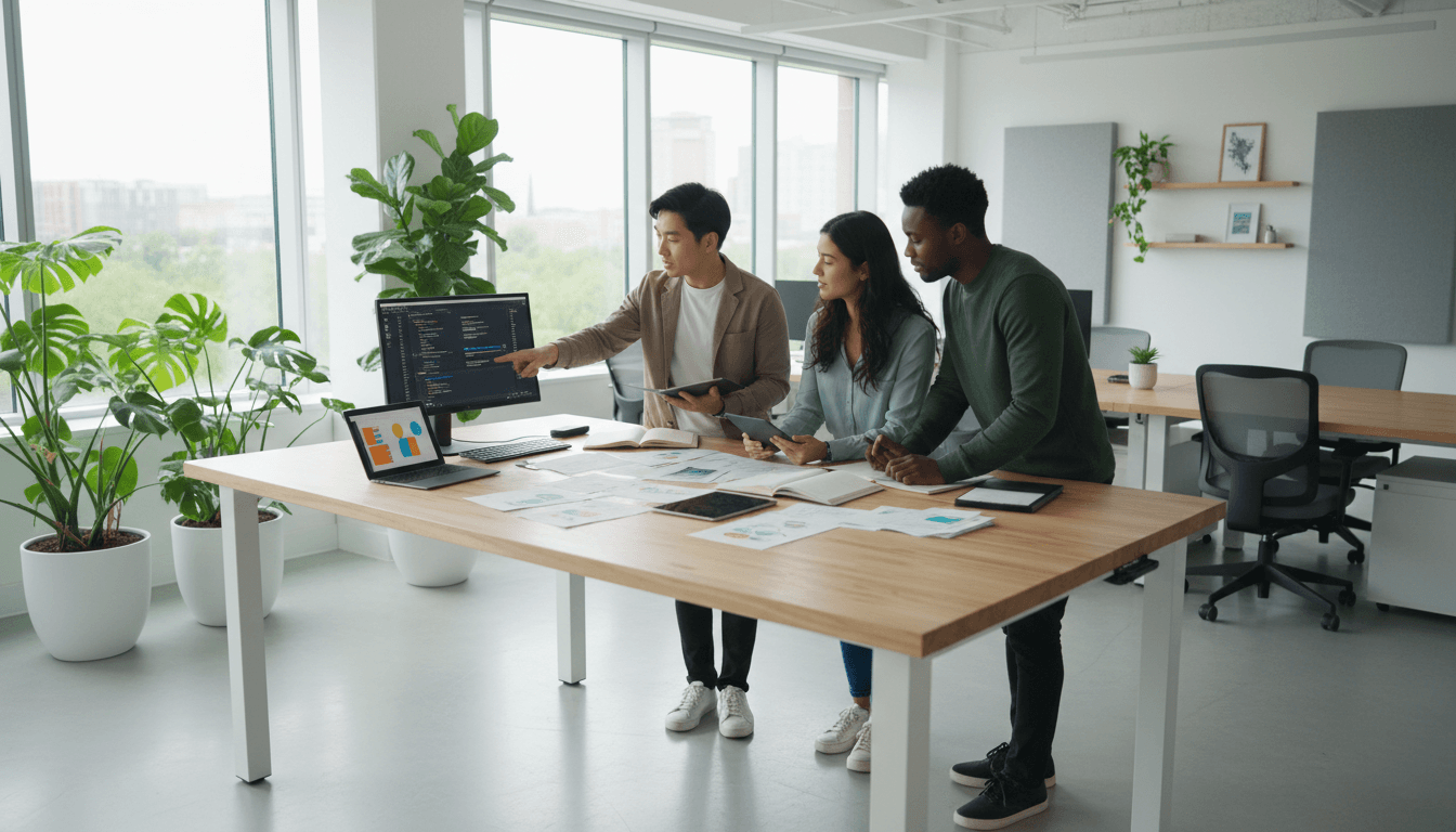 Business app developers working together on a project in a modern office
