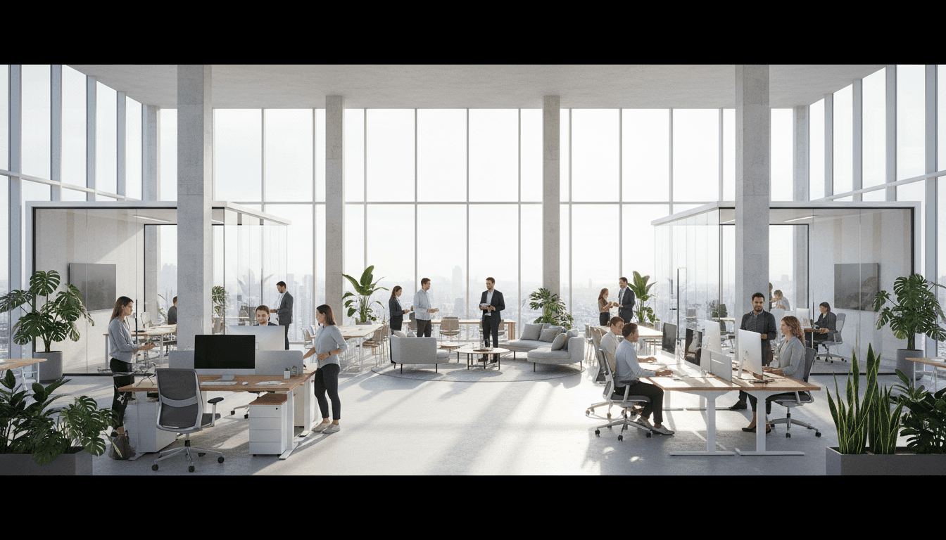 Modern bright office space with clean desks and large windows