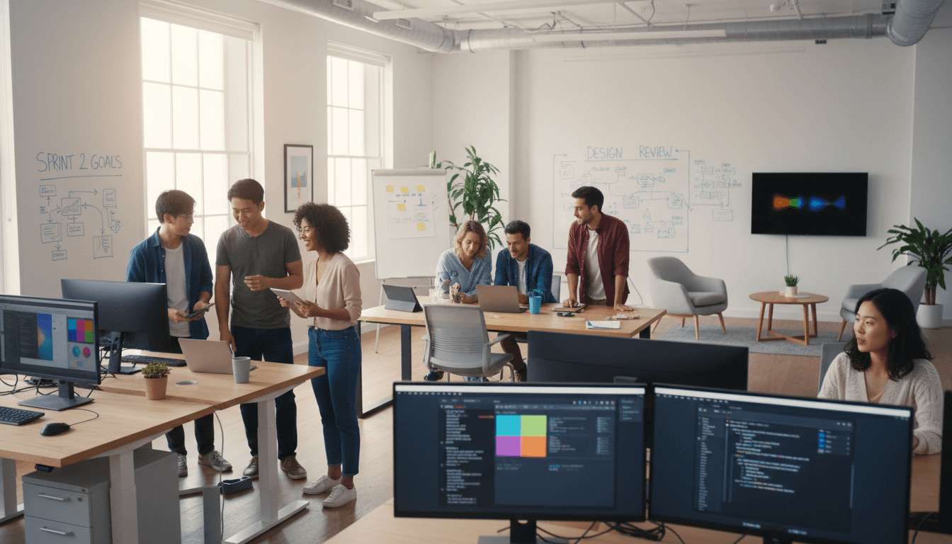 Professional team discussing a custom app project in a bright modern office